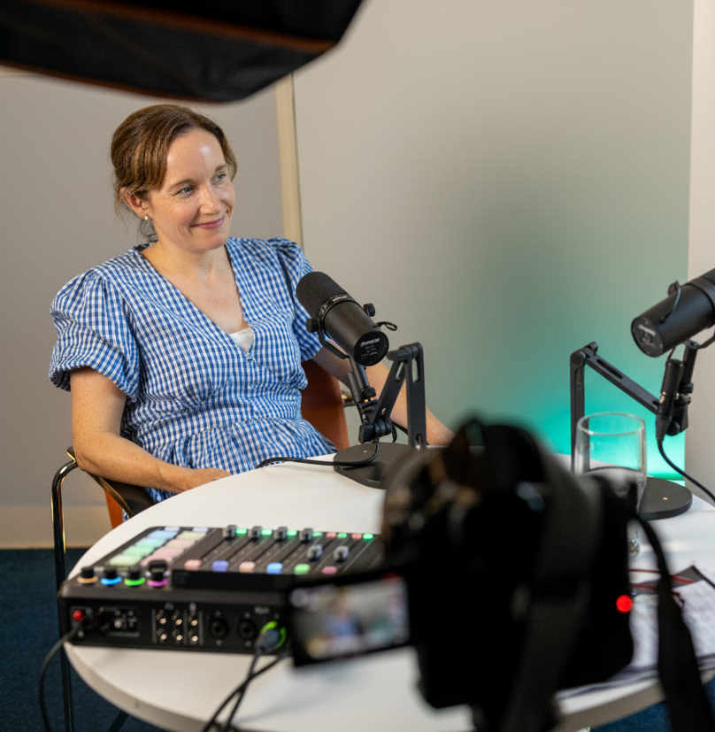Geraldine from Flux Learning sitting on a chair  in front of a white circular table. A rodecaster is turned on and on the able. There is a shure sm7b microphone on a stand beside the rodecaster on the table.