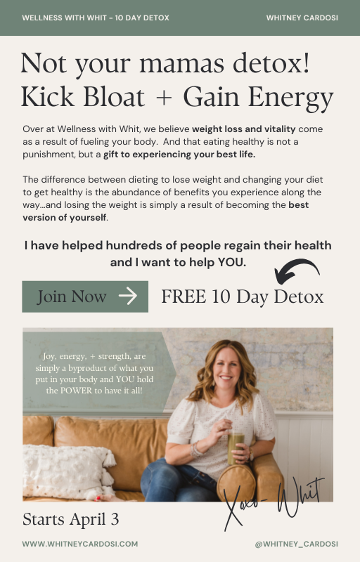 Advertisement for a 10-day detox program with Whitney Cardosi, featuring a smiling woman sitting on a couch holding a mug and offering a free detox start on April 3.