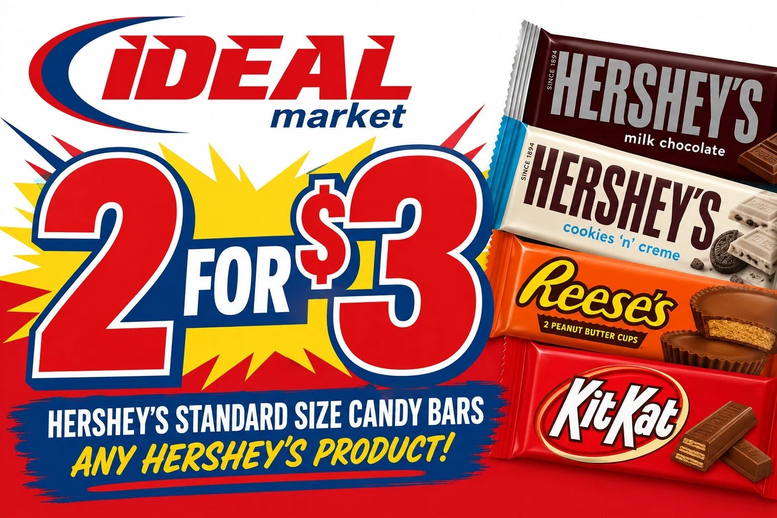 Promotion for Hershey's chocolate candy bars at Ideal Market, 2 for $3, featuring various chocolate products including Hershey's milk chocolate, cookies 'n' creme, Reese's peanut butter cups, and Kit Kat bars.