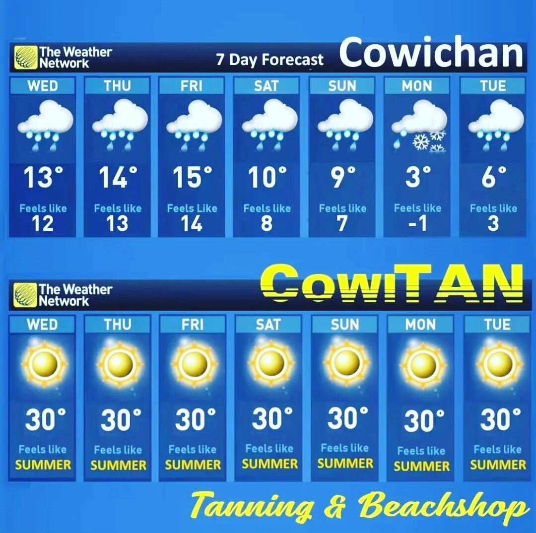 Let's get warm &amp; tanned Cowichan!
The sun will come back - let's get you ready for it 🌞
.
.
.
.
#cowichan #duncan #downtownduncan @downtown.duncan #lakecowichan #cowichanvalley #Crofton #shawniganlake #shawnigan