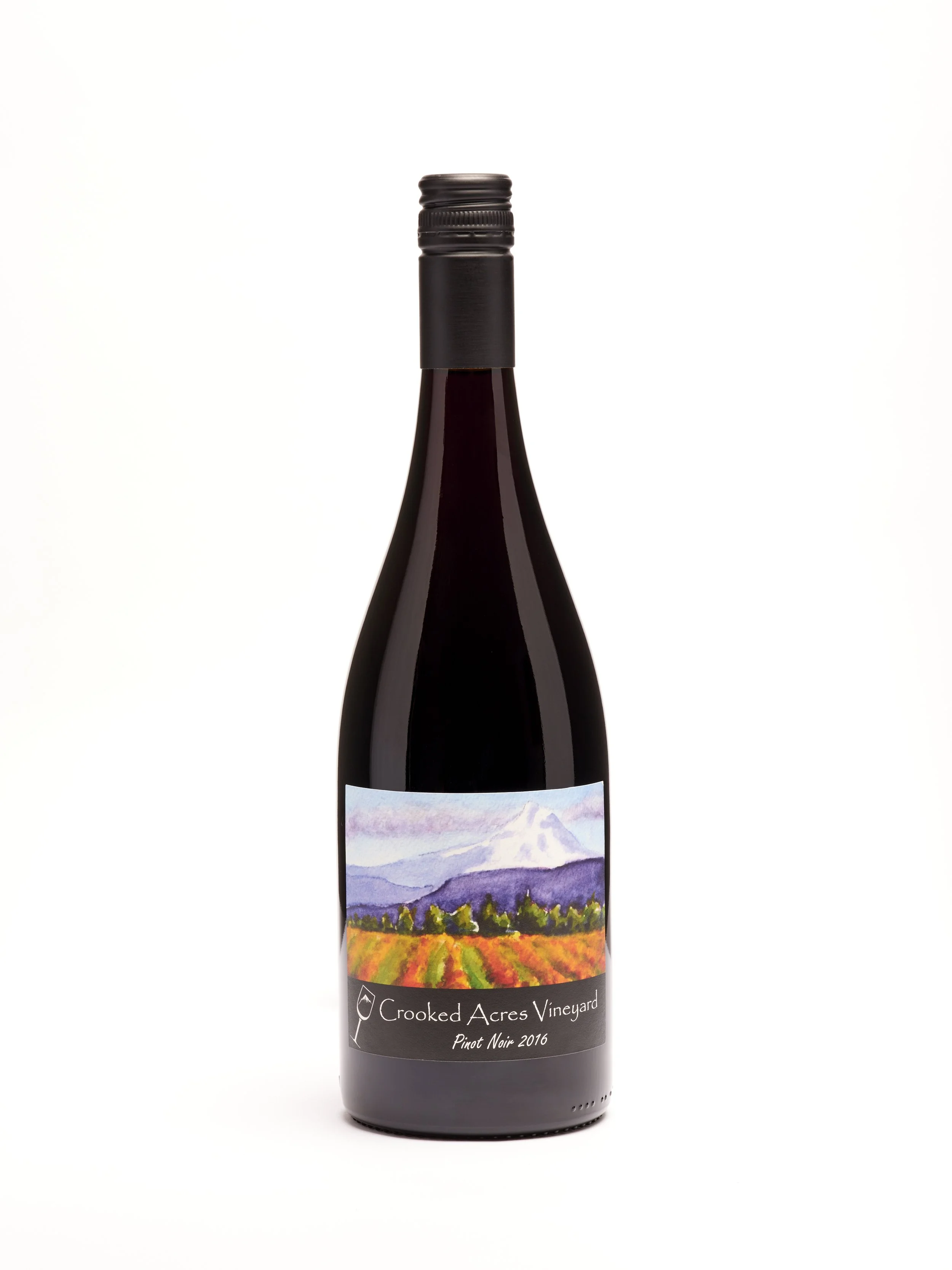 A dark wine bottle with a colorful landscape painting label, featuring a mountain, trees, and fields, and a black screw cap, set against a plain white background.