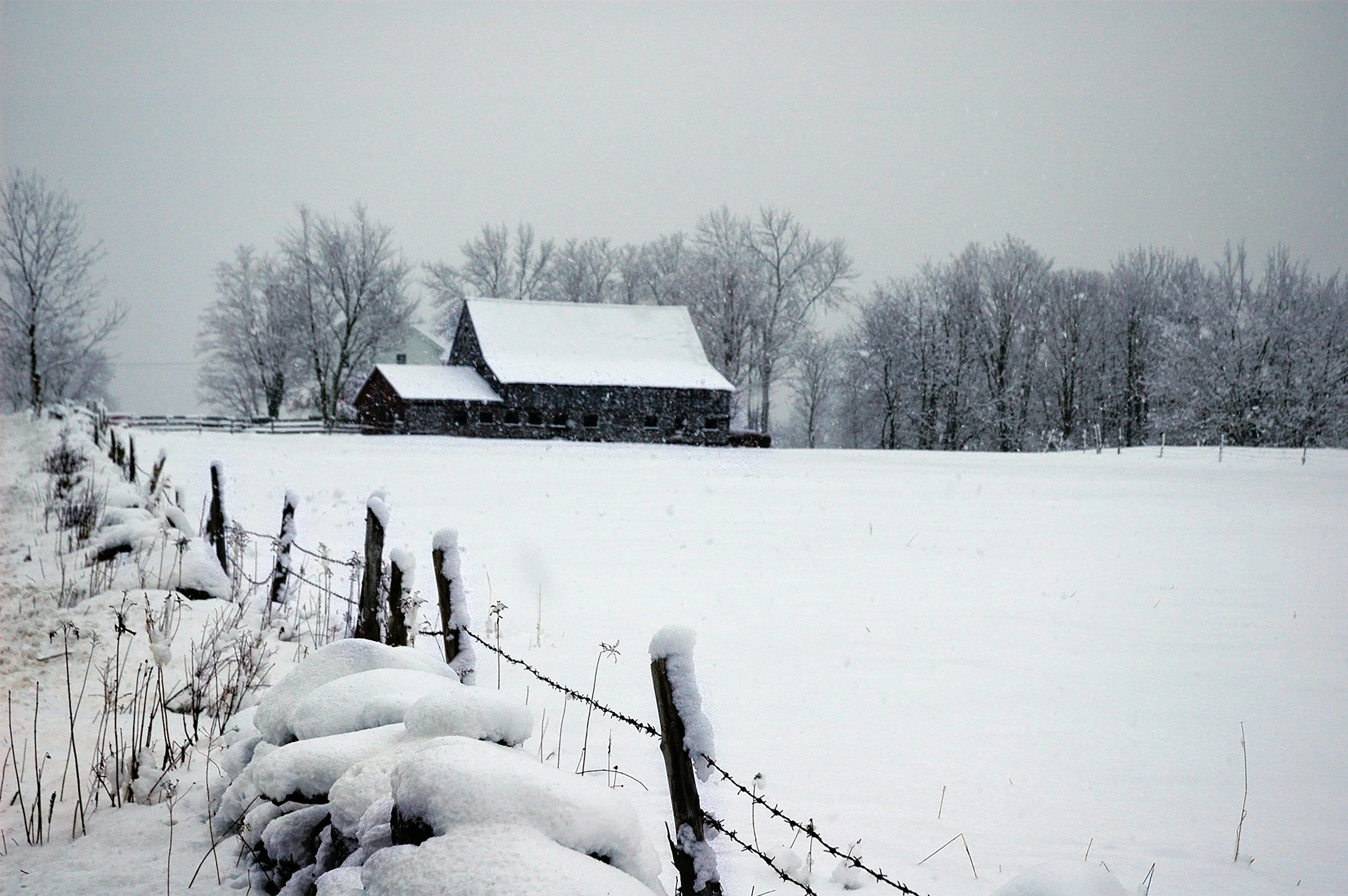Farm in the distance covered with snow