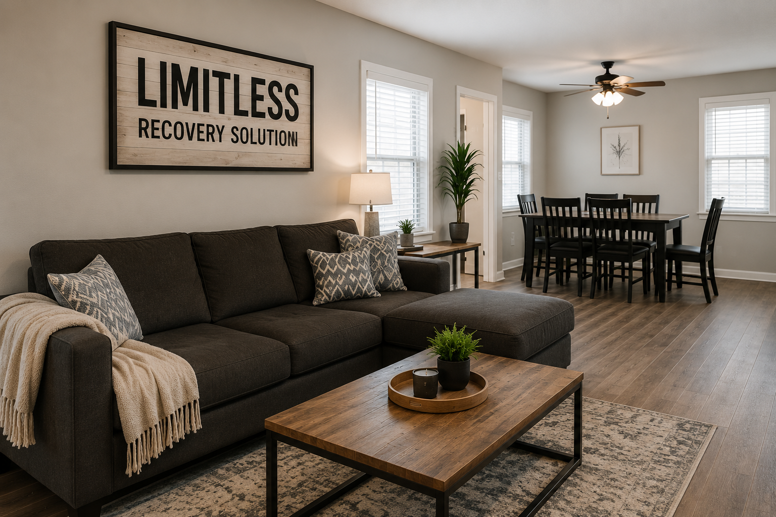 Living room with a dark gray sofa, a wooden coffee table, a black dining table with six chairs, large windows, a ceiling fan, and wall art.