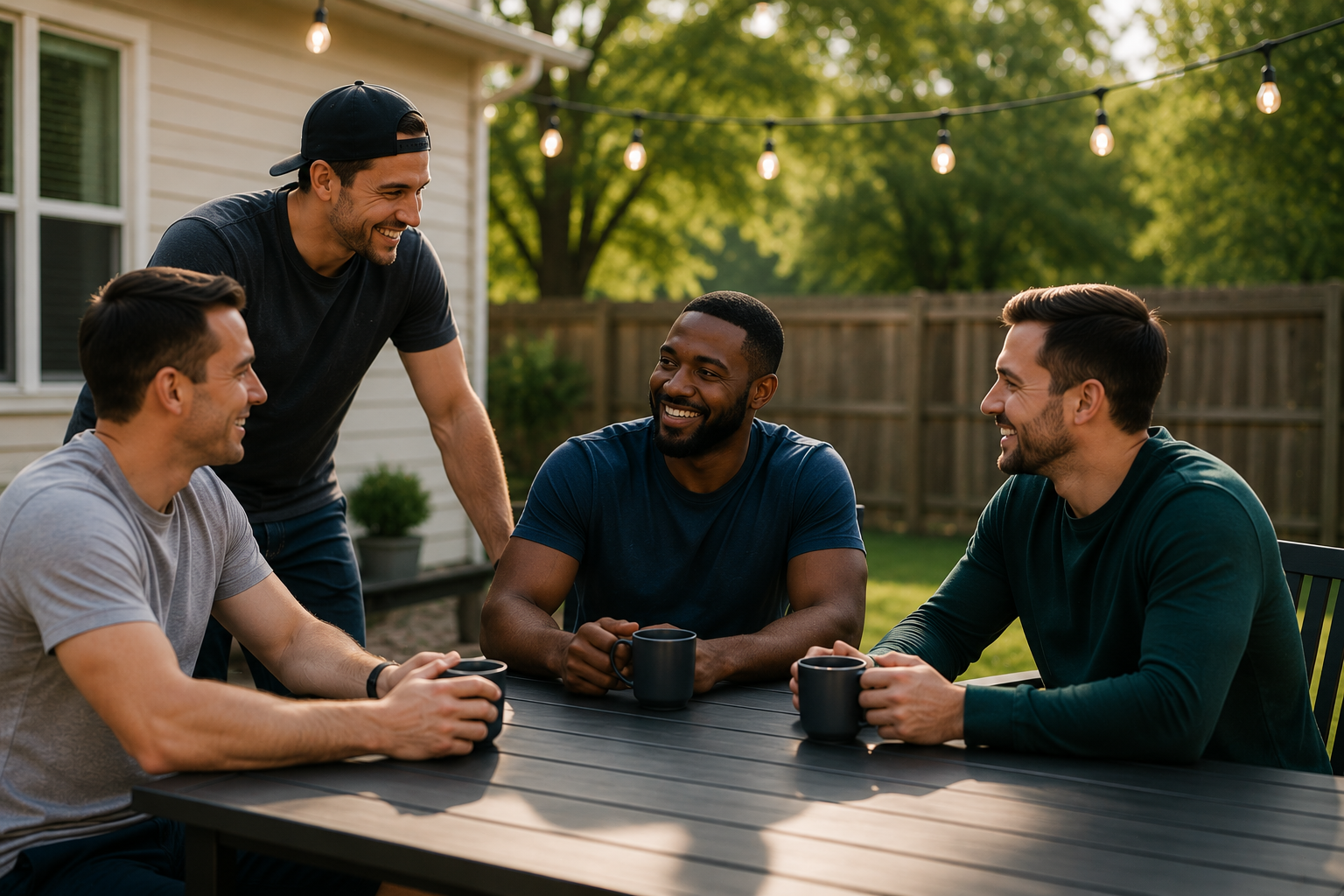 Four men sitting and standing outside at a table, smiling and talking with coffee mugs, during daytime with string lights overhead and a wooden fence in the background.