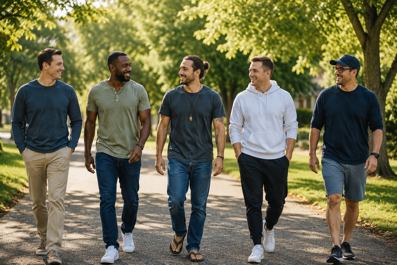 A group of five young men walking and talking together in a park on a sunny day.