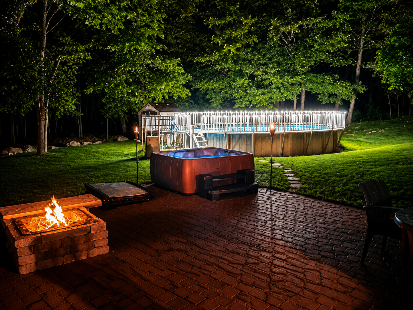 Outdoor community gathering space featuring a fire pit, patio, pool, and wellness amenities at the Limitless Recovery Solution men's sober living home in Abington, Massachusetts.