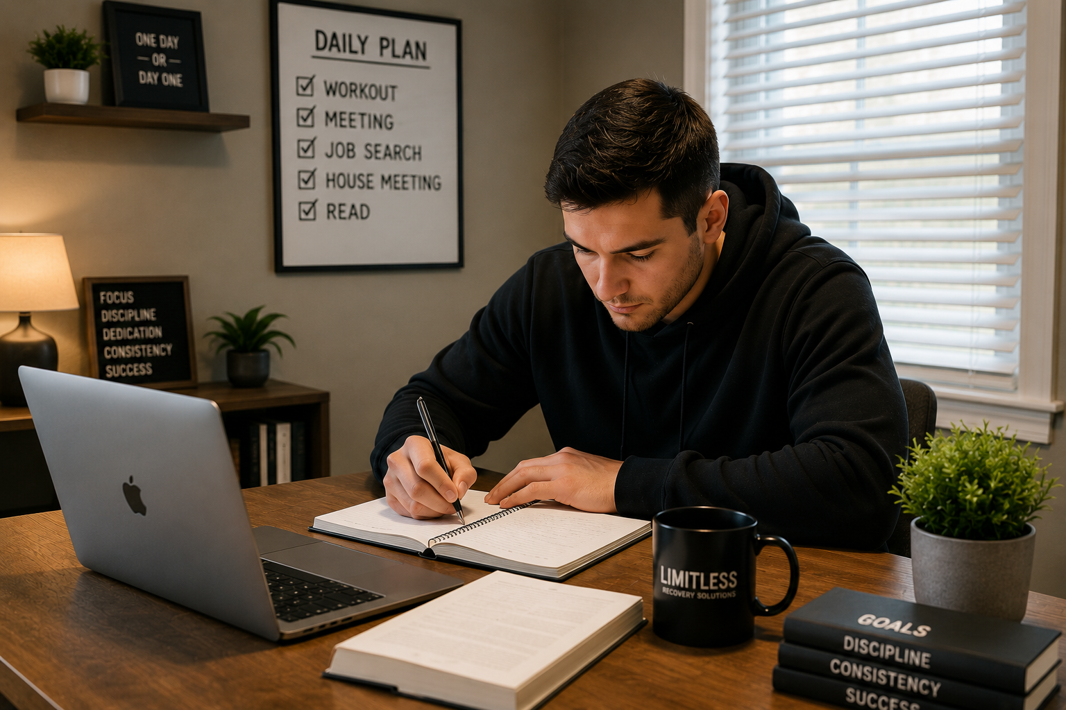 A man working at a desk with a laptop, notebooks, a coffee mug, and plants, in a home office. The wall behind has a daily plan and a small shelf with a plant, as well as a framed quote.