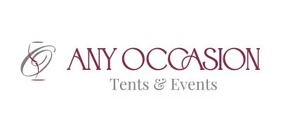 Logo for Any Occasion Tents & Events with a stylized tent icon and elegant text.