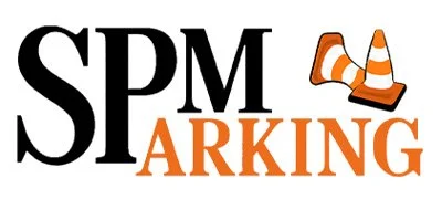 A logo with the text 'SP M' and 'ARKING', with two orange and white traffic cones above the 'A' in 'ARKING'.