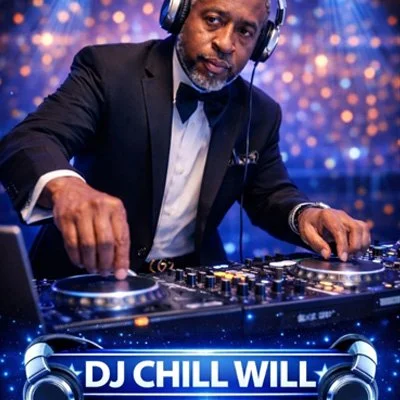 A male DJ in a tuxedo with headphones, operating a DJ controller with a starry background and blue lighting. Text reads: DJ CHILL WILL.
