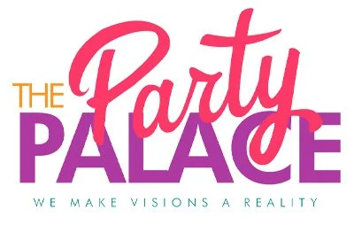 Text graphic reading 'The Party Palace' with a slogan 'We make visions a reality' at the bottom.