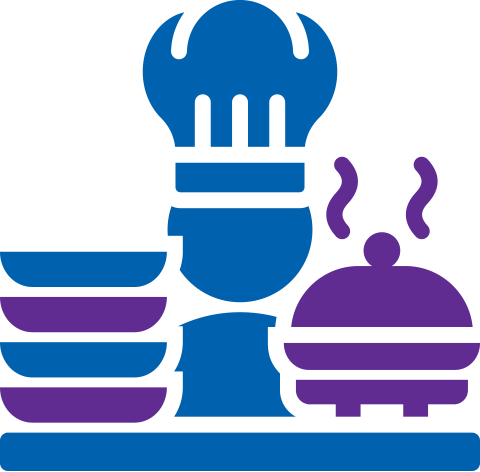 Illustration of a chef's hat with stacks of plates and a cooked dish with steam.