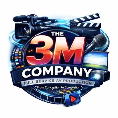 Logo for 3M Company showcasing a camera, film clapperboard, microphone, LED light panel, and a video play button, with text indicating full-service AV production.