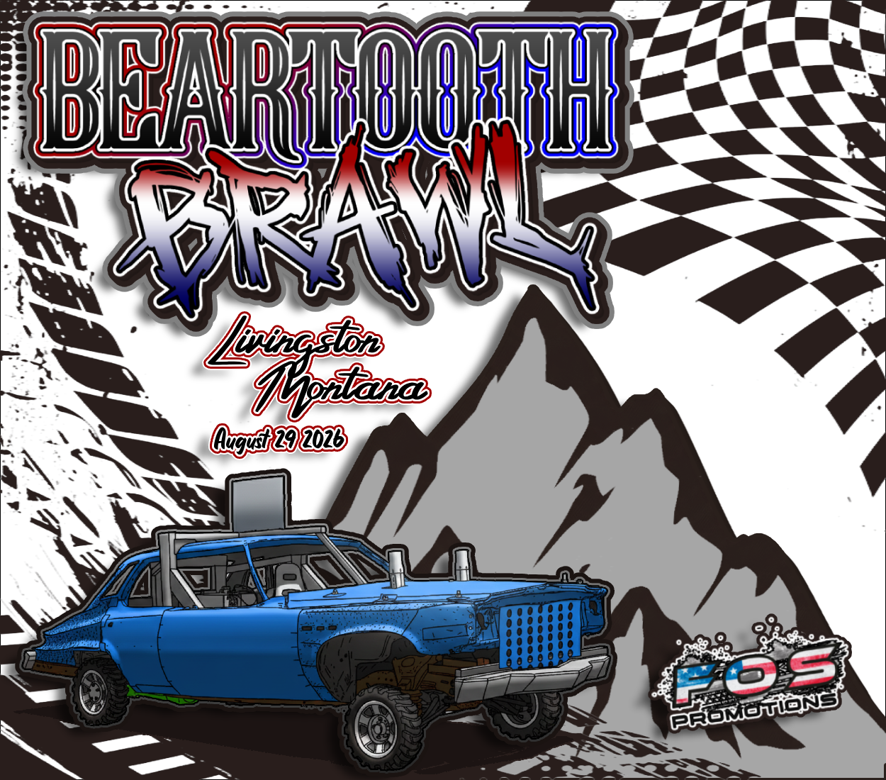 Event poster for the Beardmouth Brawl held in Livingston, Montana, on August 29, 2026. Features a stylized blue off-road vehicle in front of a mountainous background, with black and white checkered and racing streaks in the design. Includes the logo for FOS Promotions.