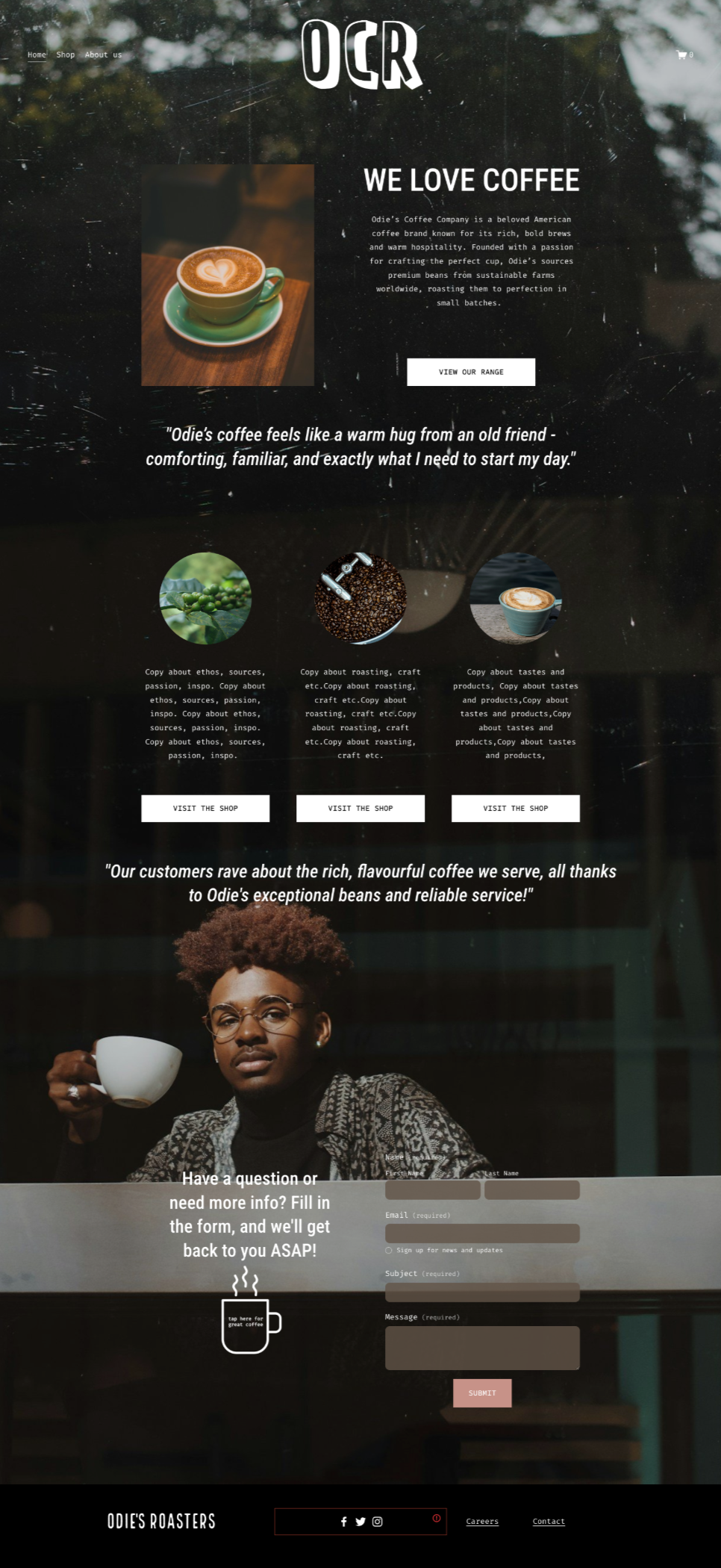 Webpage for Odie's Coffee Company featuring coffee information, a heart latte art, customer testimonials, and contact form.