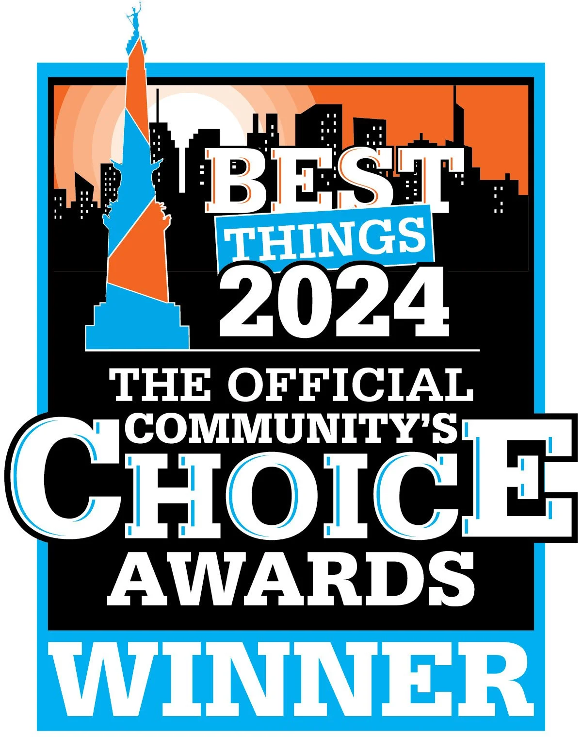 Design for the 2024 Community Choice Awards, featuring a city skyline, blue and orange color scheme, and text indicating it's an official community award with a cityscape background.