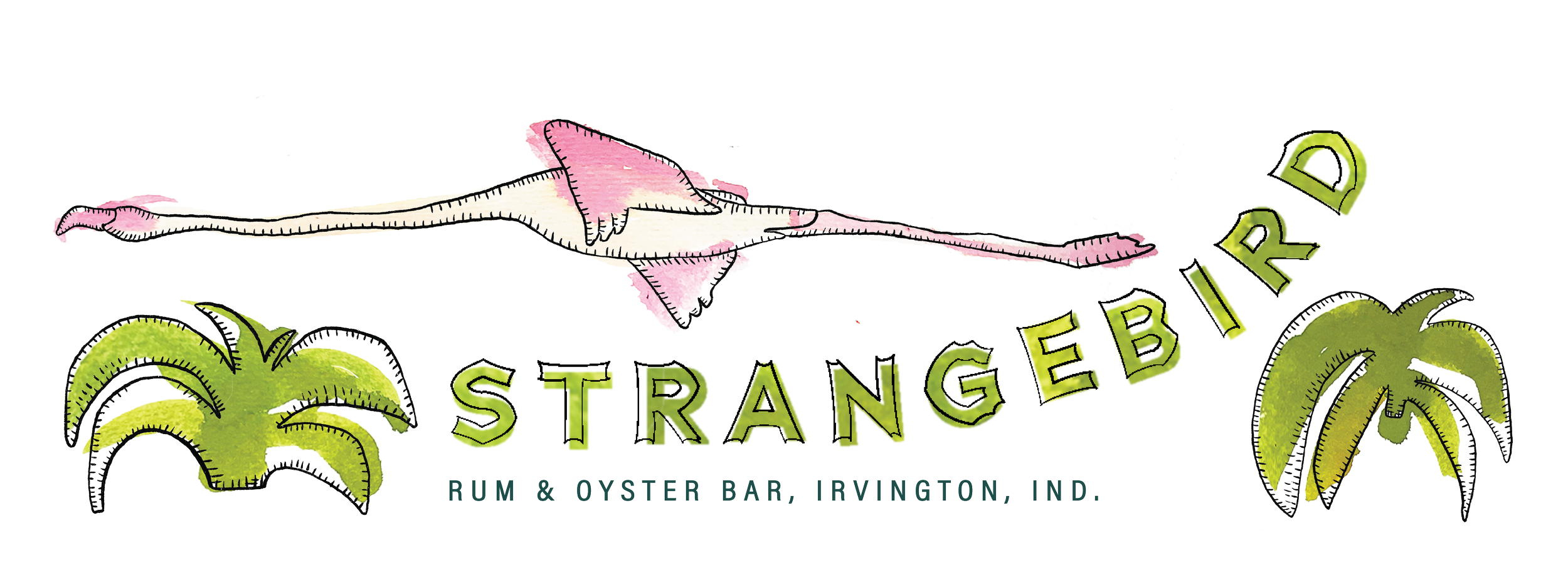 A pink flamingo flying above the word strangebird in green letters. one small green plant sits and the front and the end of the letters