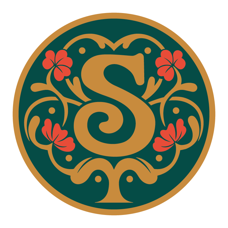 A decorative circular logo with a large gold letter S in the center, surrounded by red flowers and gold ornamental designs on a dark green background.