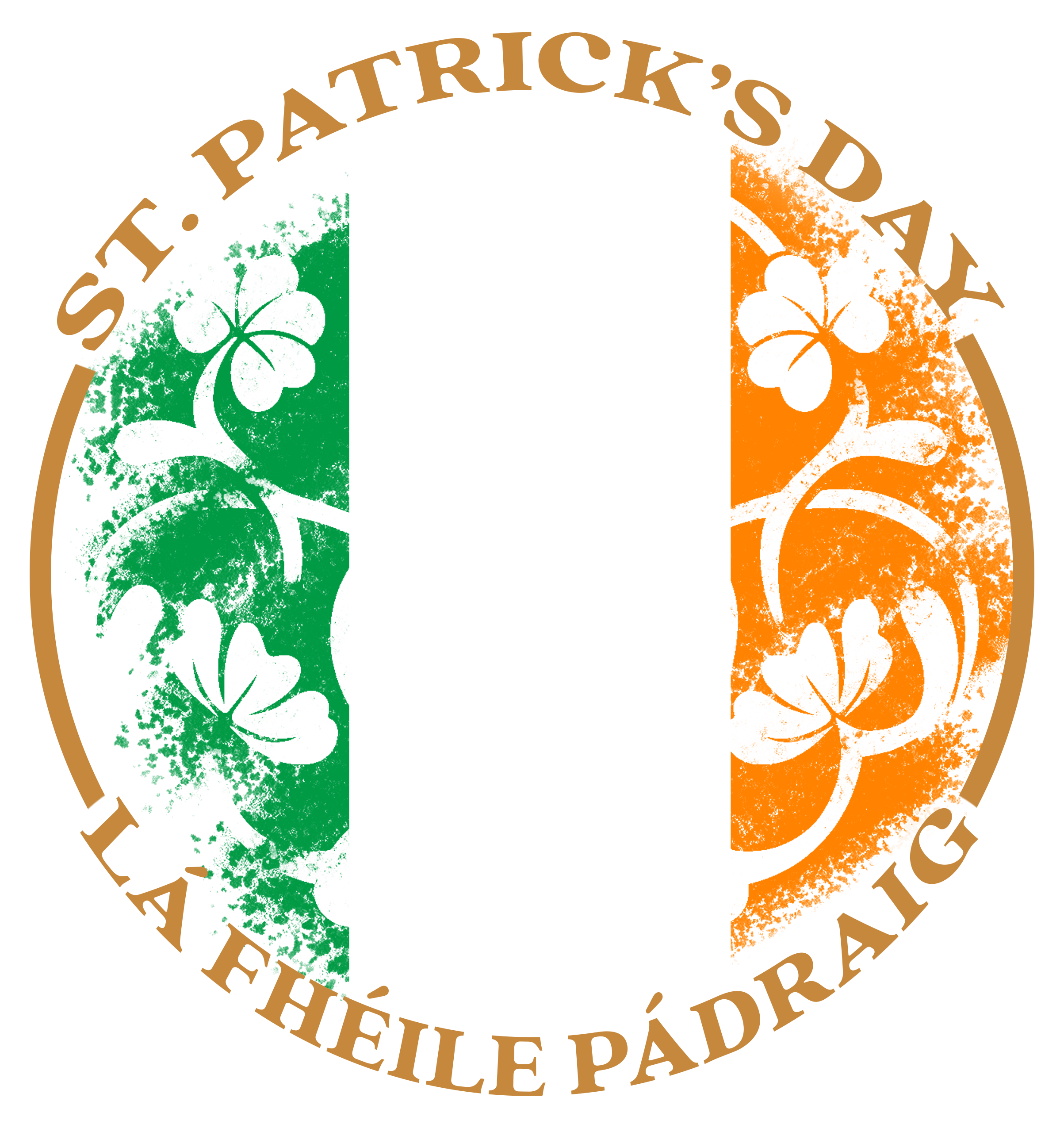 A circular sticker with a black background and a design resembling a badge. The badge has a central large black 'S', with a curly font, overlaid on a background with the Irish flag's green, white, and orange vertical stripes. The outer ring has the text 'ST. PATRICK'S DAY' at the top and 'LÁ FHEILE PÁDRAIG' at the bottom in brown capital letters, with small black shamrocks in the green and orange sections.