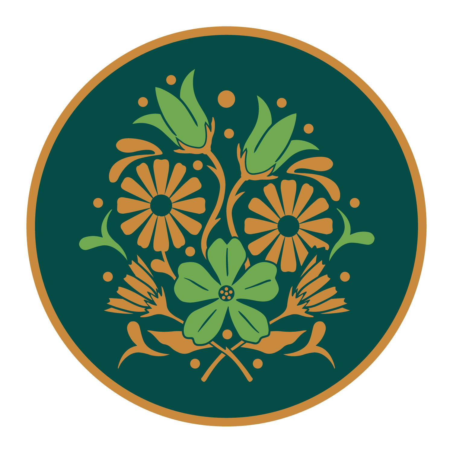 Gold flowers and green flowers in a gold circle