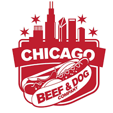 Chicago Skyline in red on a white background with the word Chicago on top and a red hot dog in a bun with the words beef and dog company on the bottom