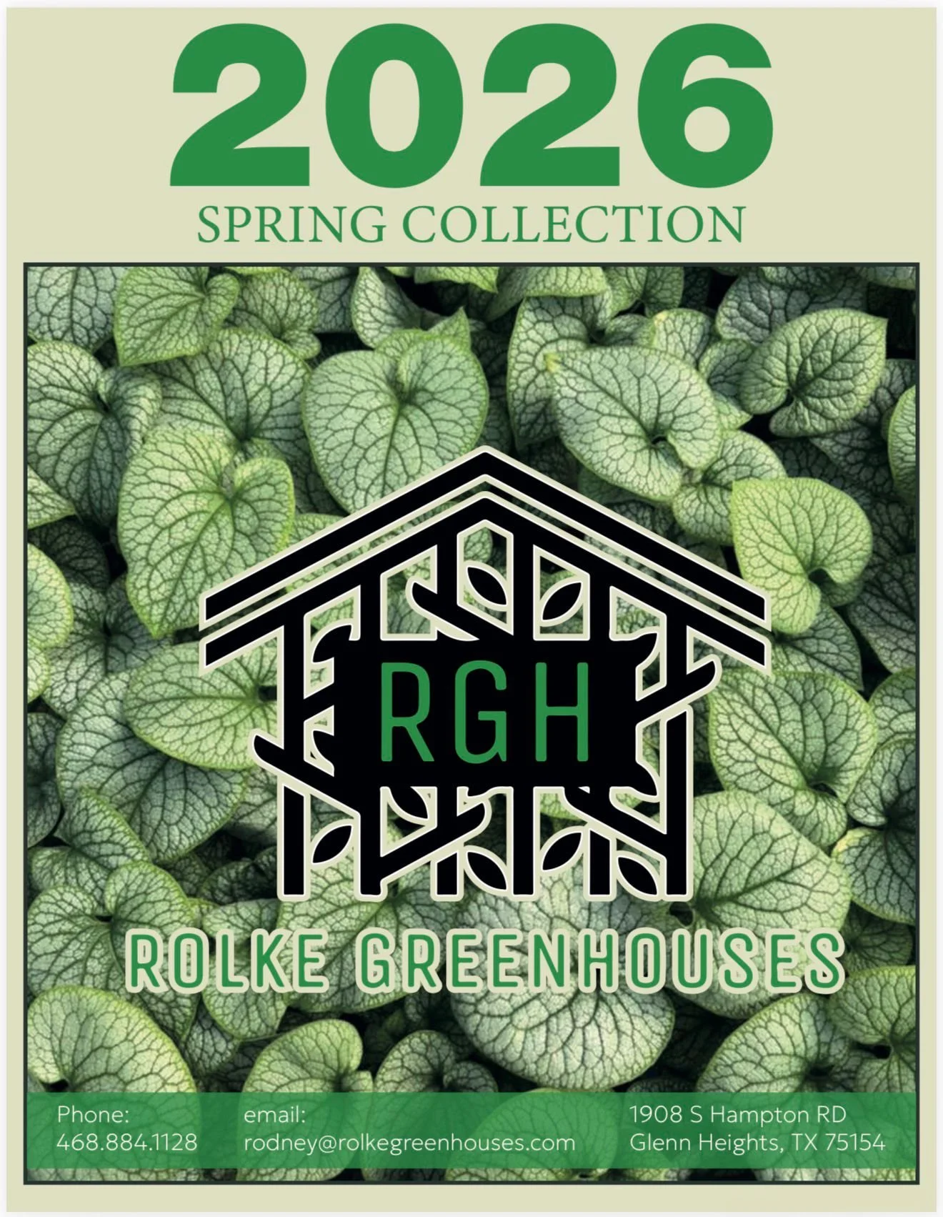 A green cover featuring a background of numerous green leaves with prominent veins, along with a black line drawing of a house with the letters RGH inside. The text includes "2026 Spring Collection," "Rolke Greenhouses," and contact information at th