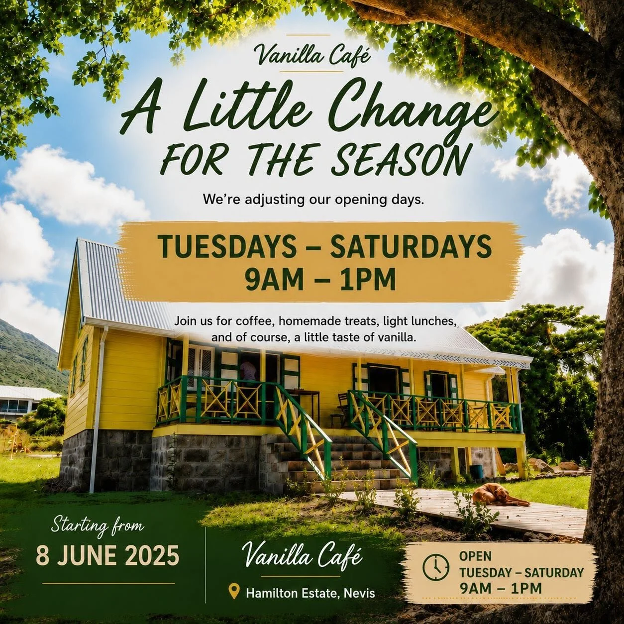 These are our new Vanilla Caf&eacute; opening hours! https://www.vanilla-paradise-nevis.com/vanillacafe #VanillaParadiseNevis #vanillacaf&eacute;