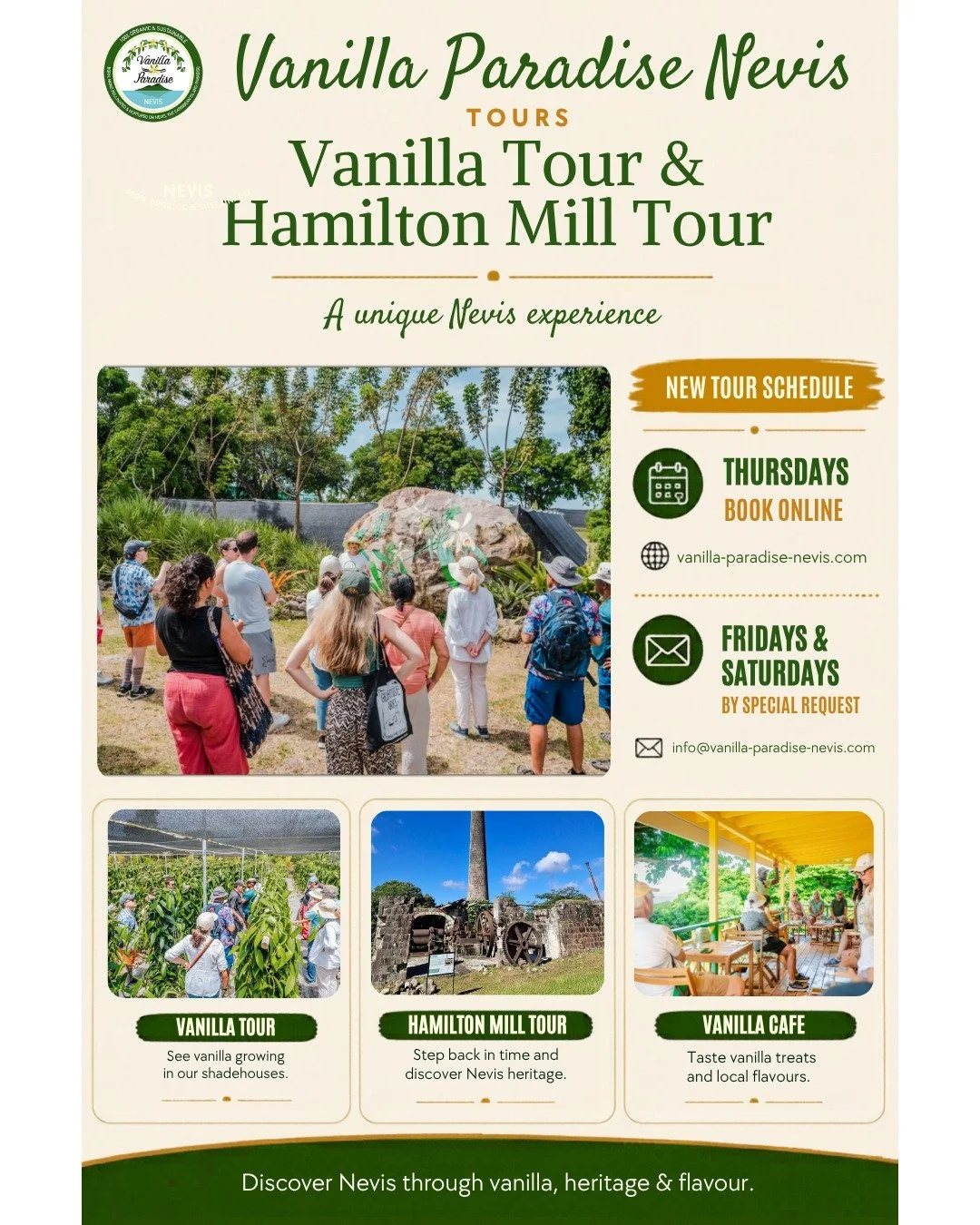 📢New Tour Schedule for the Season!
Our tours will now run on Thursdays, with Fridays and Saturdays available by special request.

Join us to discover the stories and flavours of vanilla, explore the historic Hamilton Mill, and experience a unique si