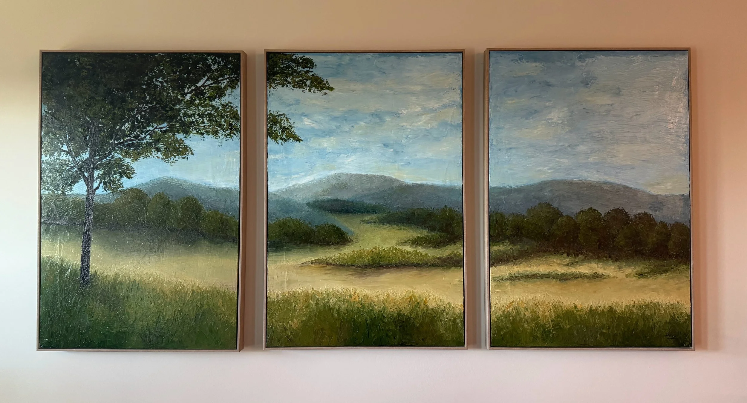 Triptych Oil Painting: calming scenery with neutral earthy colors for a client's family room.