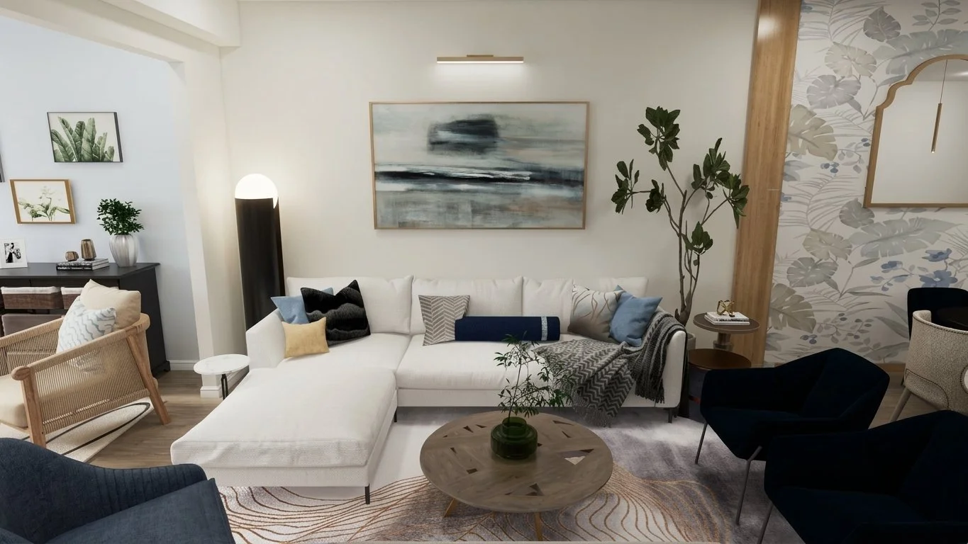 3D Digital Design: an inviting living room where comfort, personal style, and functionality come together.