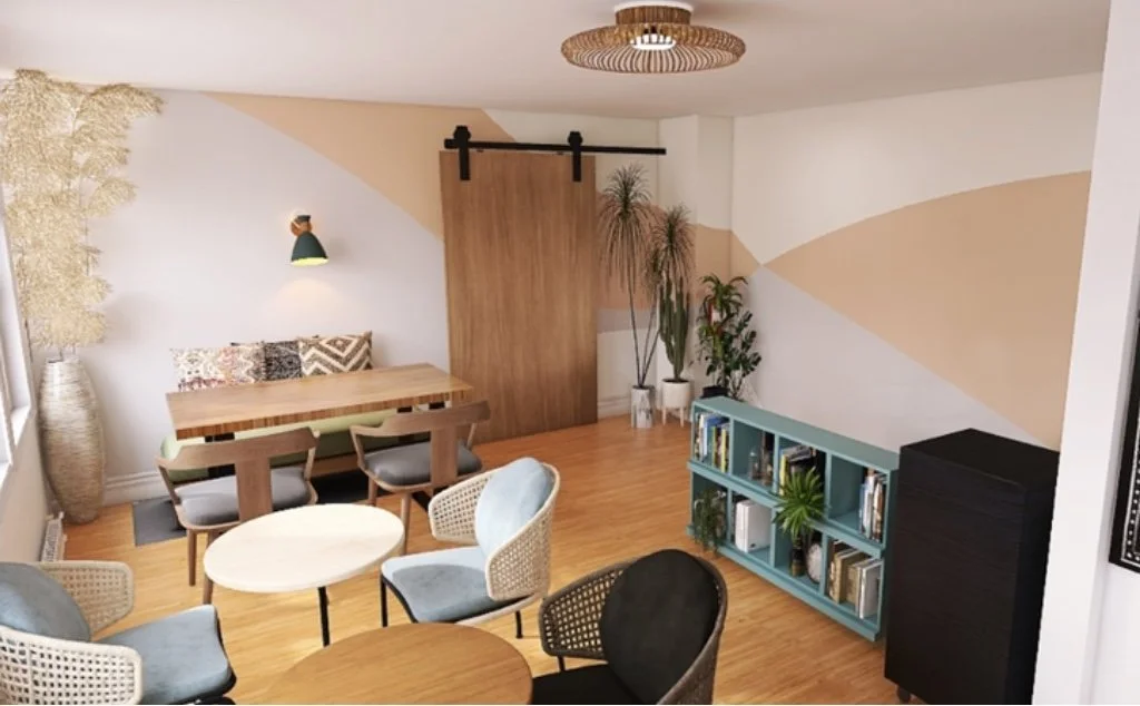 3D Rendering: a café concept with an earthy, relaxed, and inviting feel. A variety of seating options offers comfort for every guest, while natural textures make them want to stay.