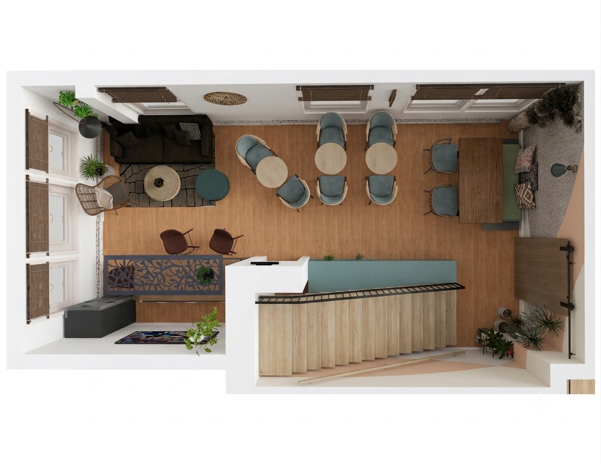 Space Planning: coffee shop floor plan in Montgomery County, PA, designed for flow, comfortable seating zones, and an efficient service counter.