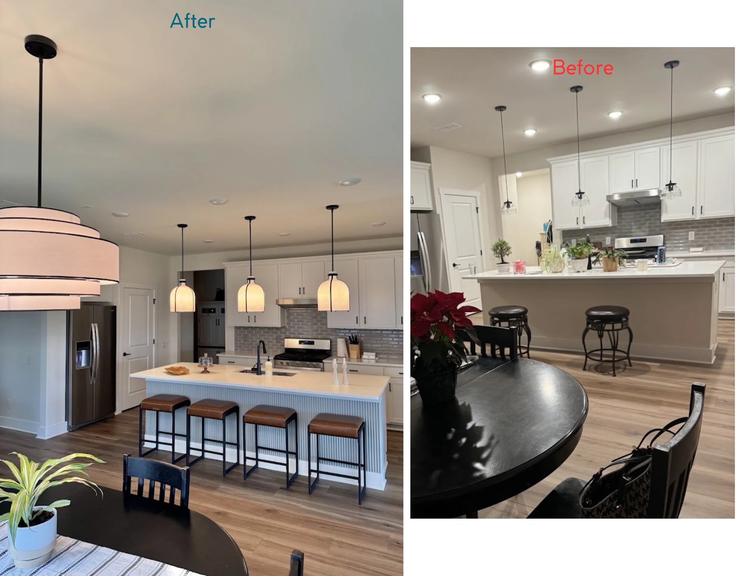 Modern transitional renovation across an open-concept family room, kitchen, and dining room, unified by black accents throughout, including the new black-and-white drum cascade chandelier in the dining room that ties the whole space together and fill