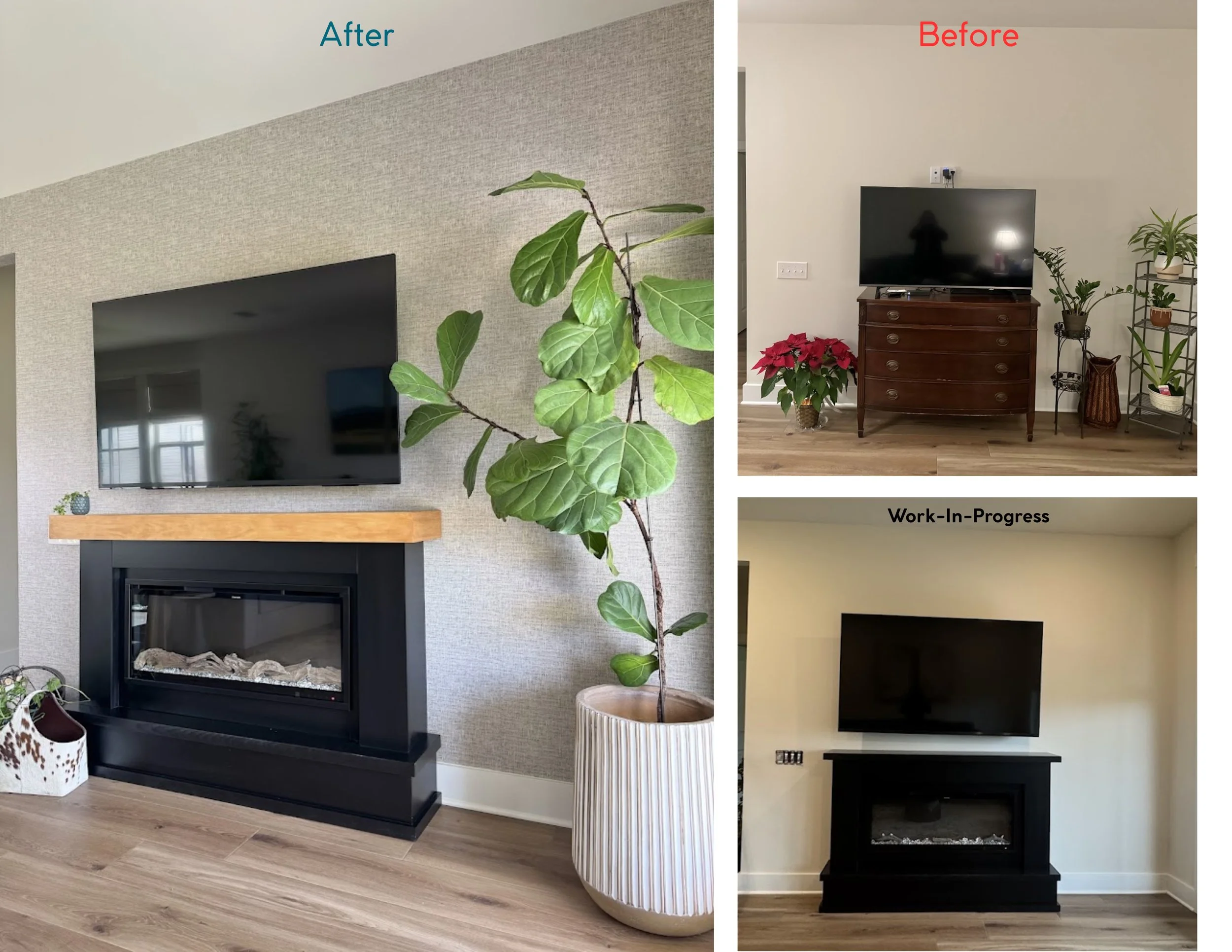 Modern Transitional Family Room with a timeless soft accent wall that brings a smooth pattern to balance the black of the TV and fireplace.