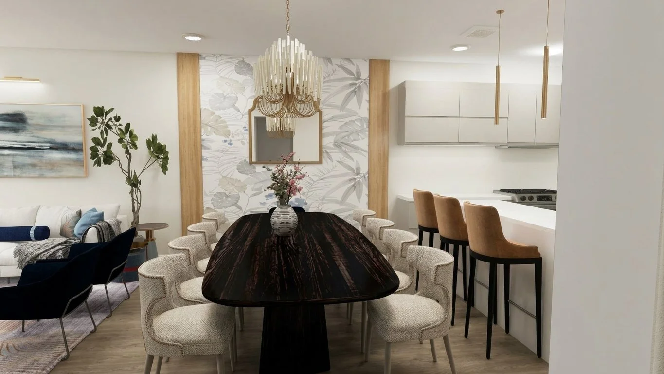 3D Digital Design: a dining room planned for entertaining, with seating for family and friends and an easy connection to the kitchen.