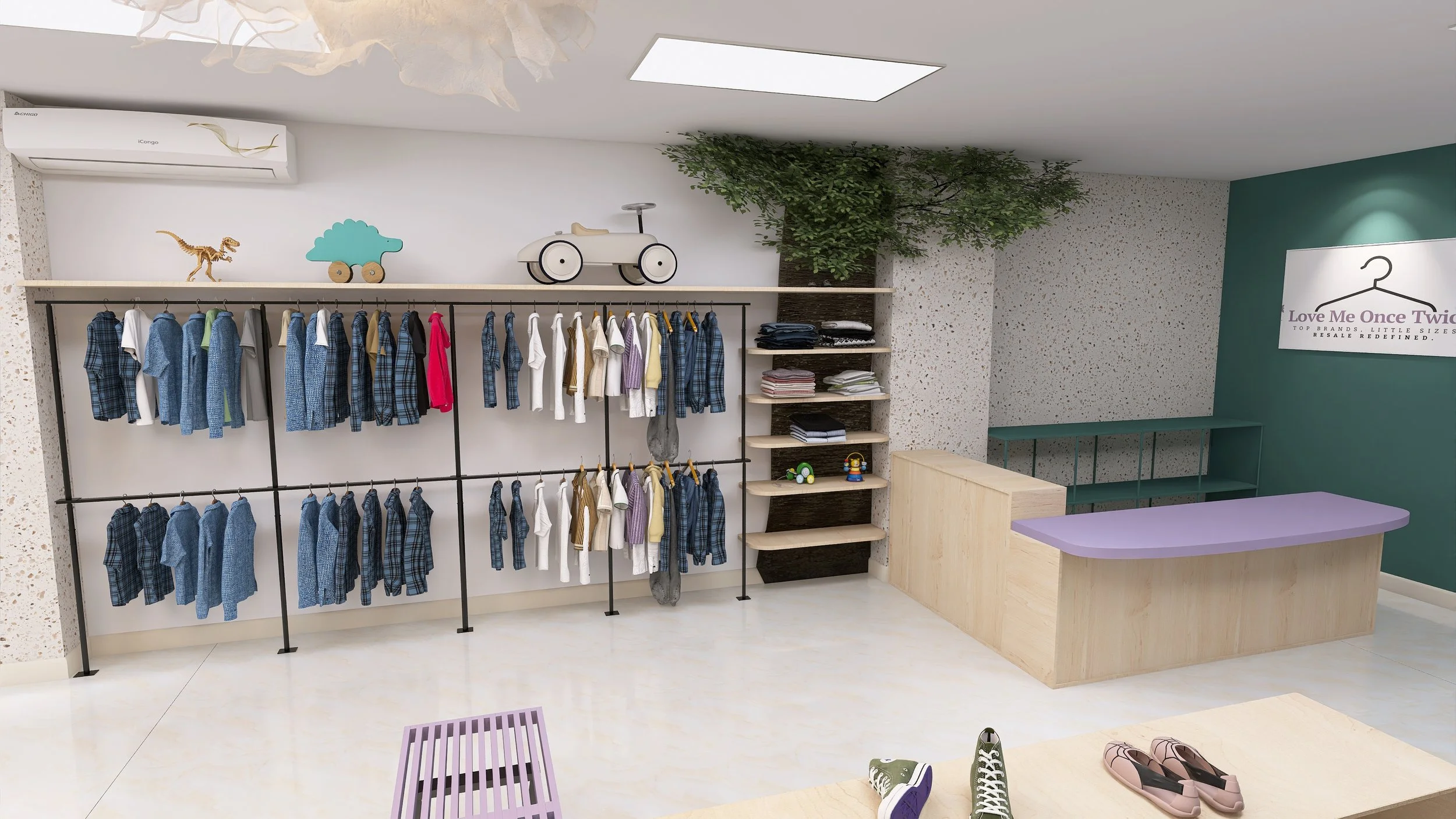 Premium boutique 3D renders: upscale kids' resale, Lansdale PA. Commercial space.