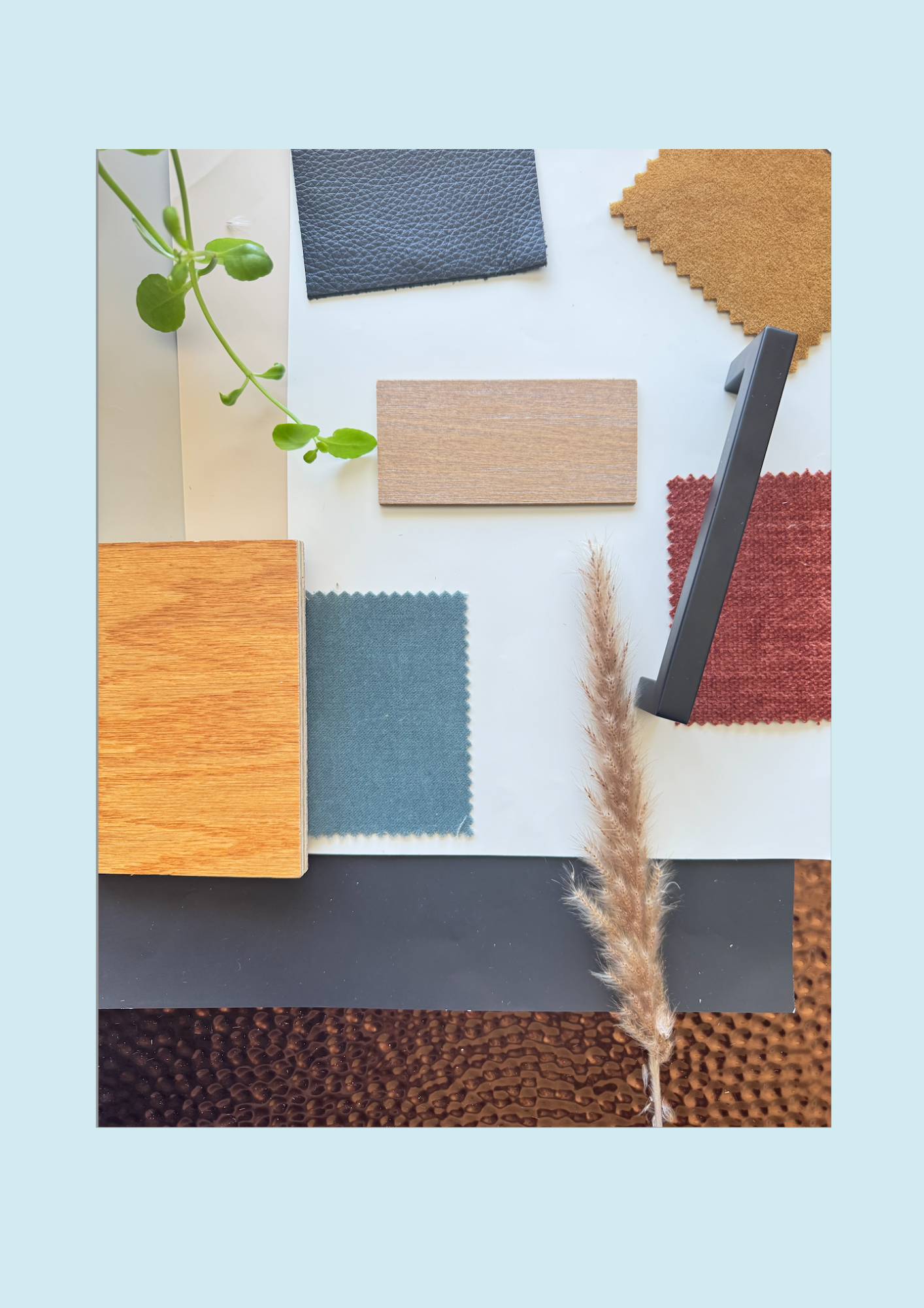 Mood Board: a feel for the space through textures, colors, and finishes that define the café’s warm, earthy, and inviting identity.