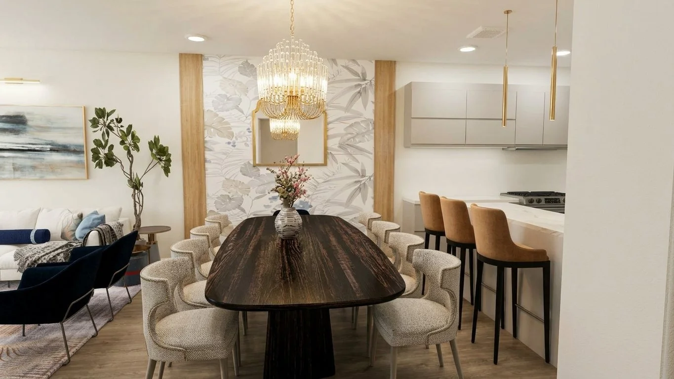 3D Digital Design: a transitional dining room that let the homeowner see her new space, layout, and style with confidence before buying a single piece.