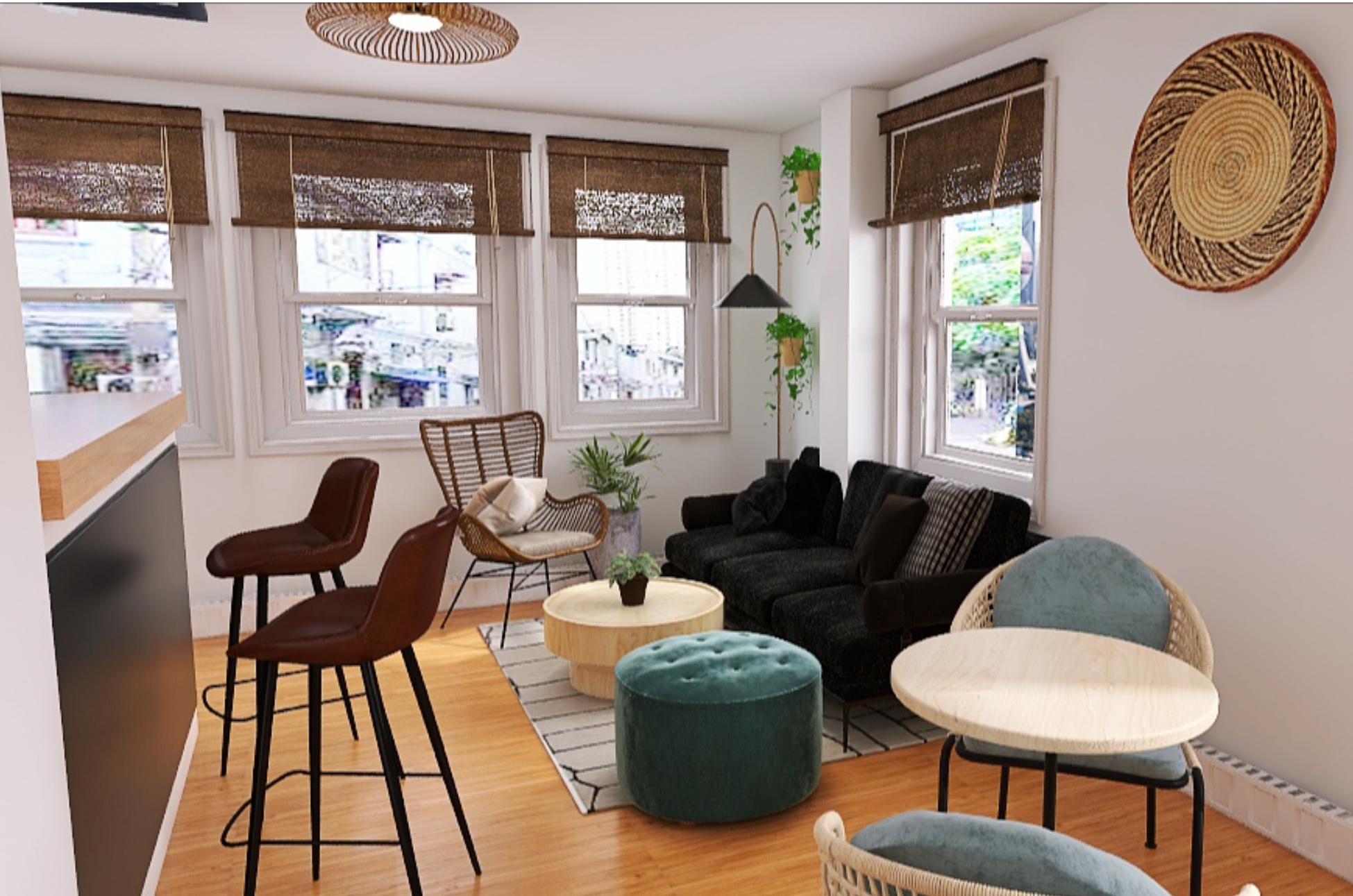 3D Rendering: a cozy café lounge by the windows, blending relaxed seating with natural light and texture.