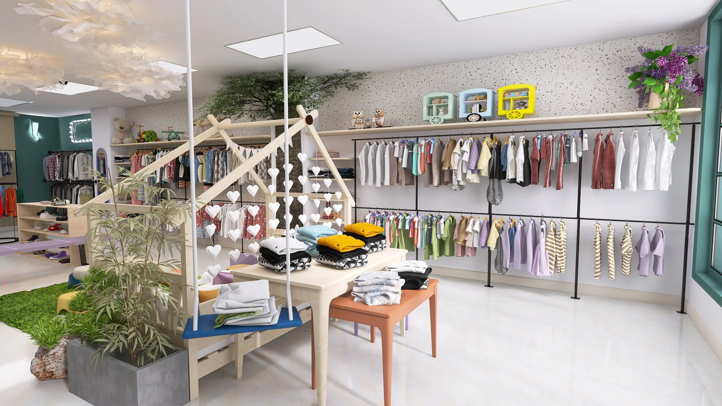 High-end 3D boutique design: Kids' resale store, Lansdale, PA. Commercial-ready vision.