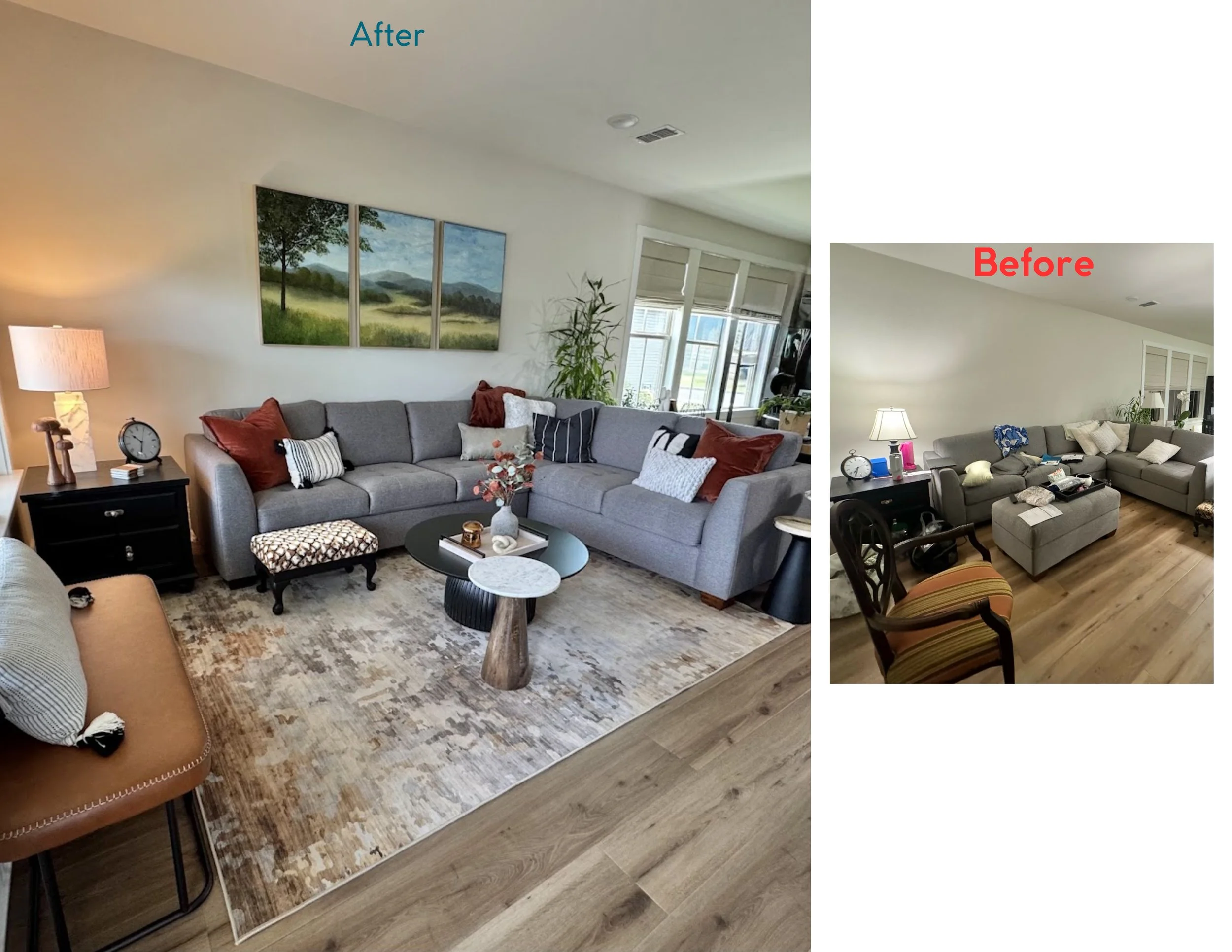 Modern Transitional Family Room that utilizes a neutral foundation of grays and creams, accented by earthy, sophisticated tones like terracotta and deep brown. This creates a grounded, calming atmosphere.