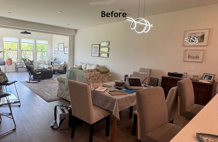 Before: the dining area with furniture from a previous home that no longer fit the new space in style or functionality.