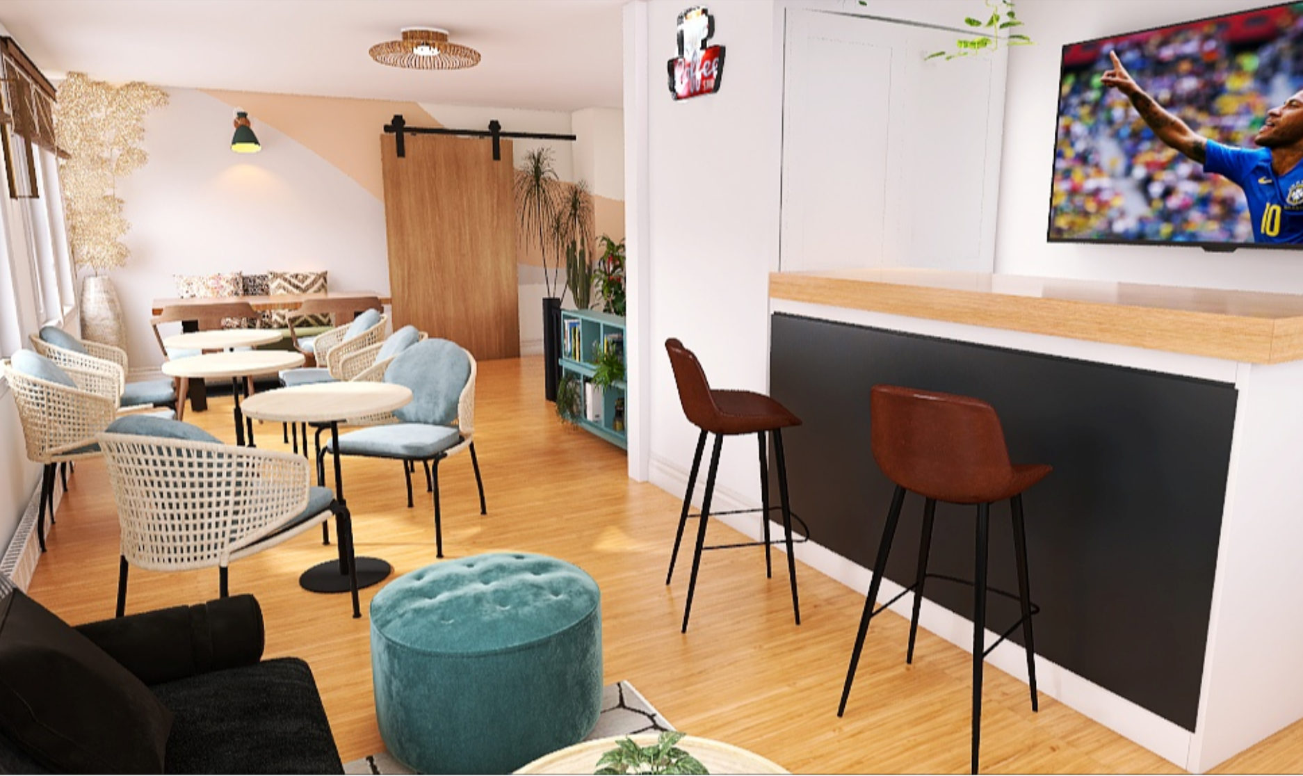 Digital Design: 3D digital interior design concept for a coffee shop featuring earthy tones and African-inspired elements, creating a warm and inviting atmosphere for guests.