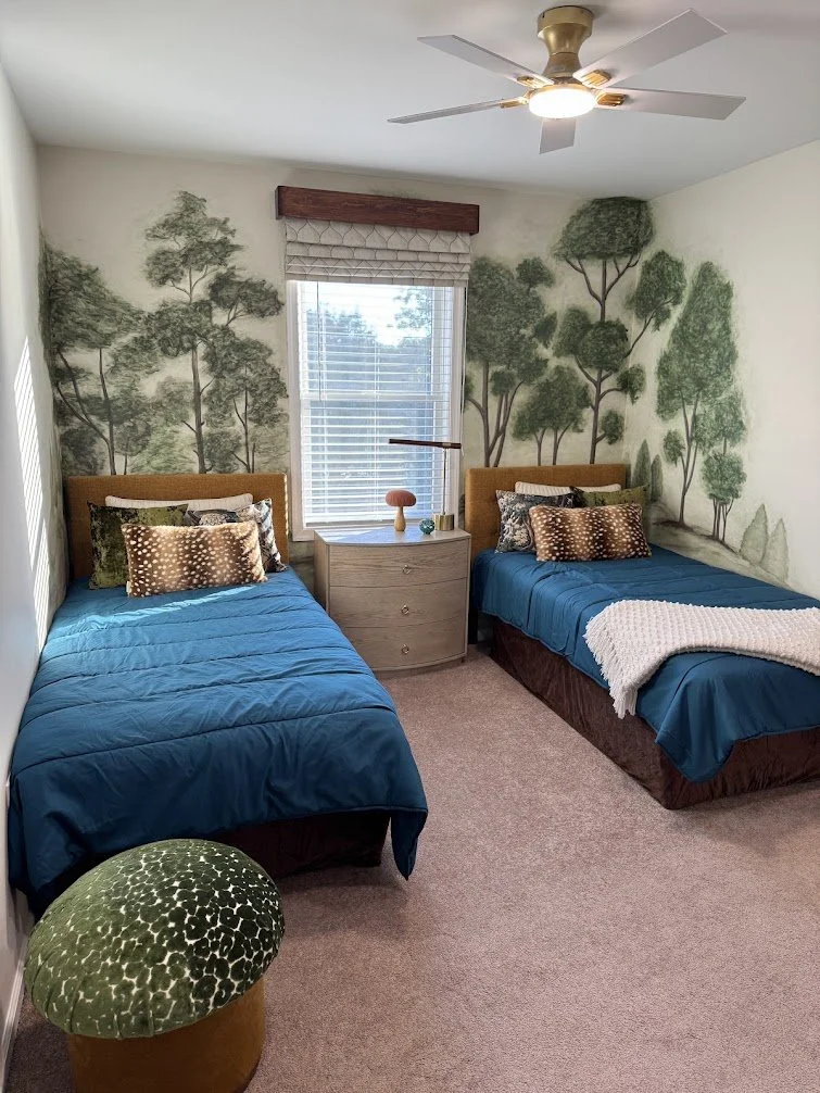 A biophilic, forest-inspired guest room in Montgomery County, PA, designed for grandchildren who love the outdoors and comfortable for visiting adults.