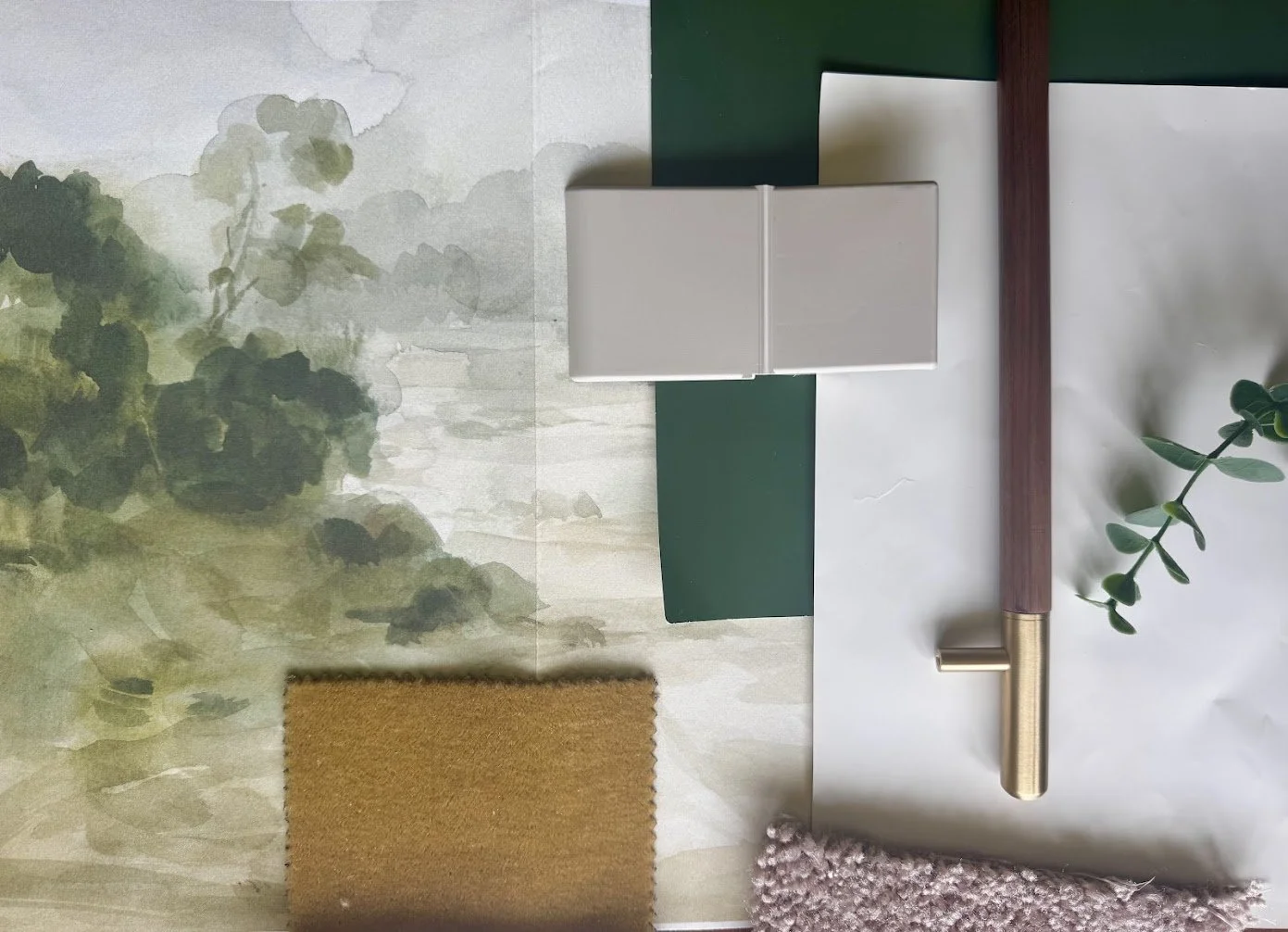 Mood board: earthy greens, warm textures, and natural finishes that set the direction for a biophilic, forest-inspired guest room.