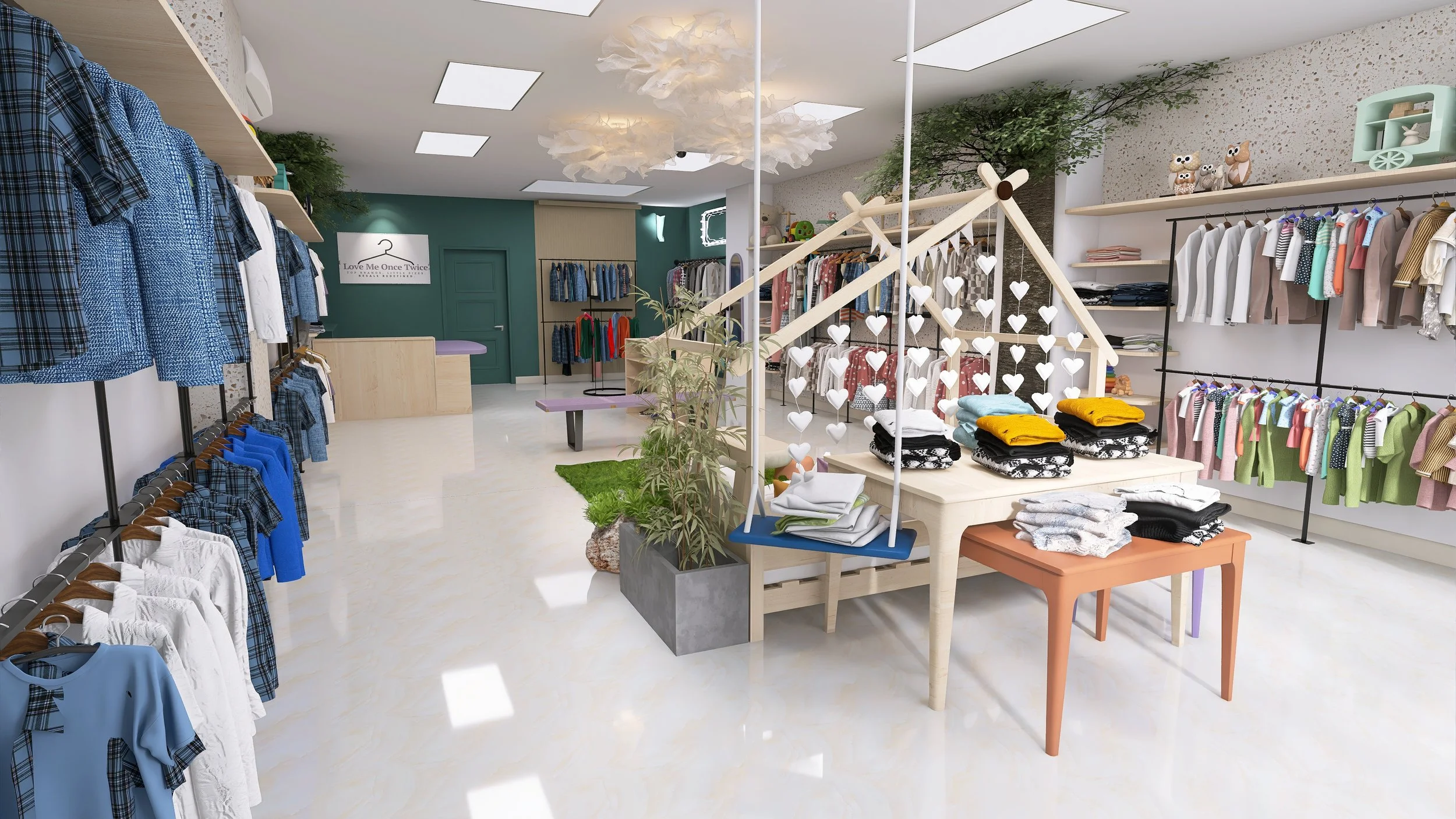 Luxury kids' resale boutique renders,  Lansdale, PA. Unique, memorable, elevated commercial space.