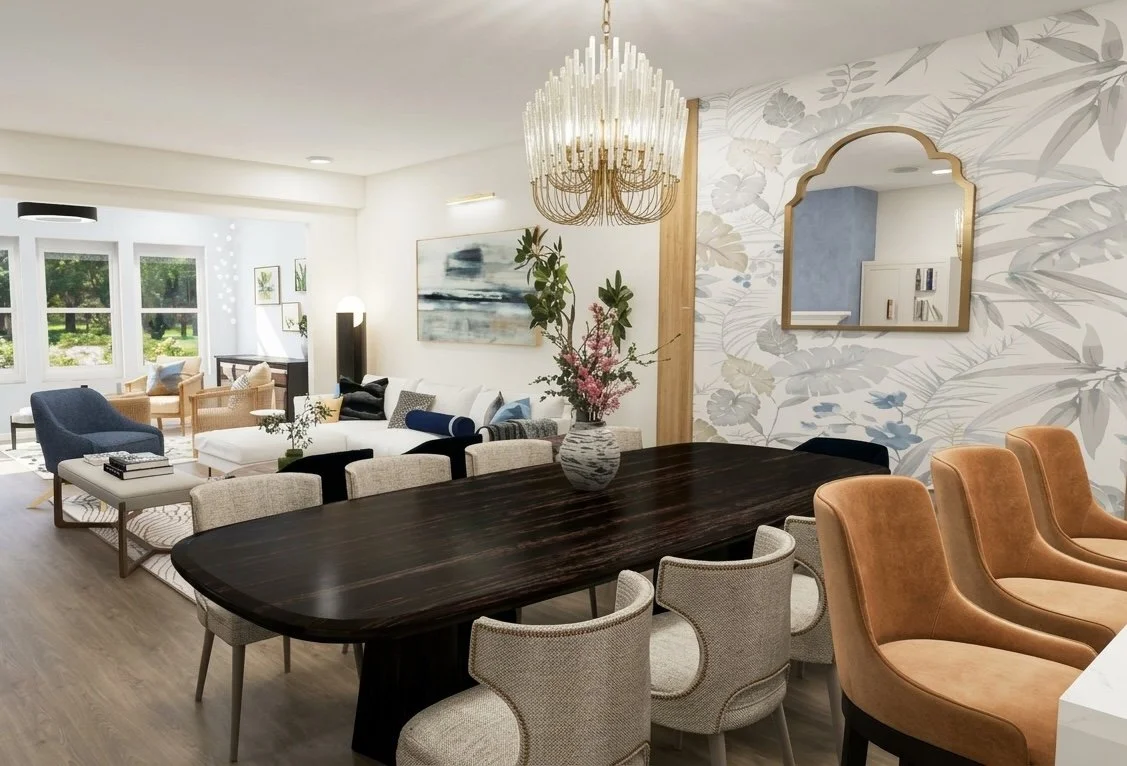 3D Digital Design: a modern dining room for large gatherings, connected to the living room in a new 55+ community home in Montgomery County, PA.