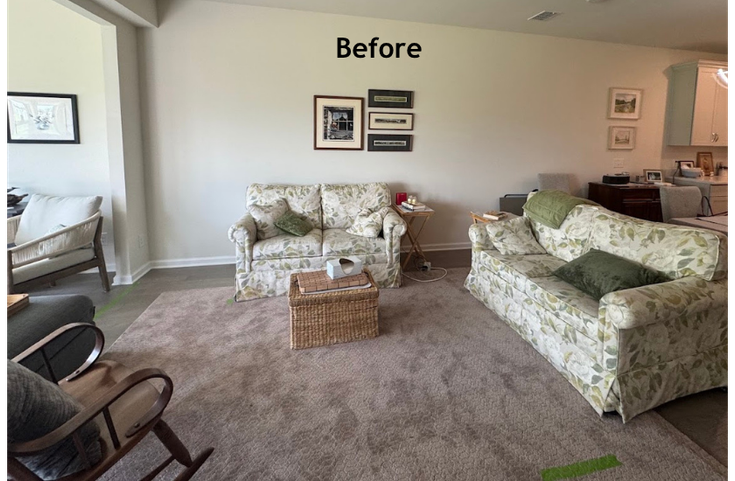 Before: a living room filled with oversized furniture that didn’t reflect the homeowner’s new chapter.
