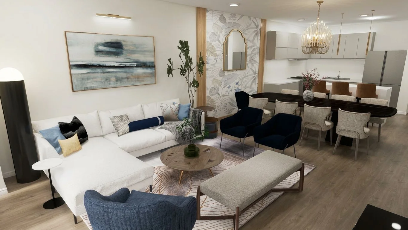 3D Digital Design: a modern living room with layered seating for conversation, flowing naturally into the dining area.