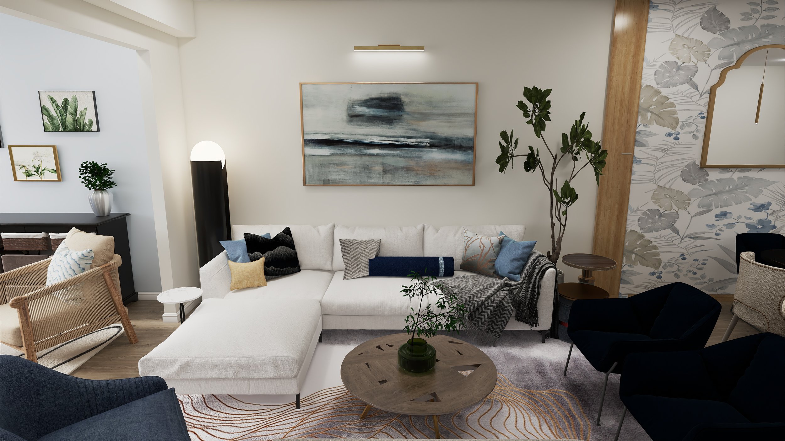 Digital Design: Transitional open-concept family room designed for entertaining in a new 55+ community home in Hatfield, PA.
